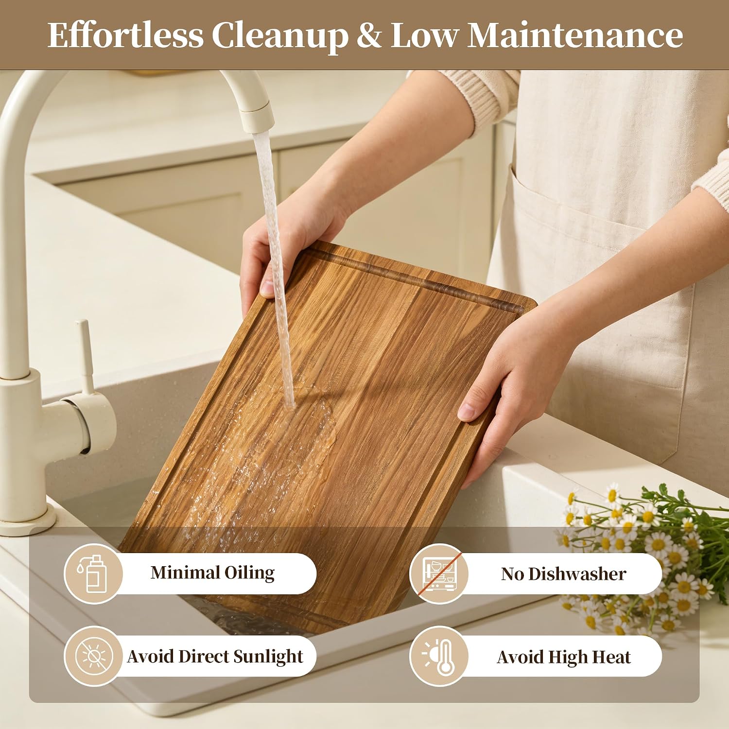 Teak Cutting Board for Kitchen, Deep Juice Groove, Reversible 16 x 11 Inch