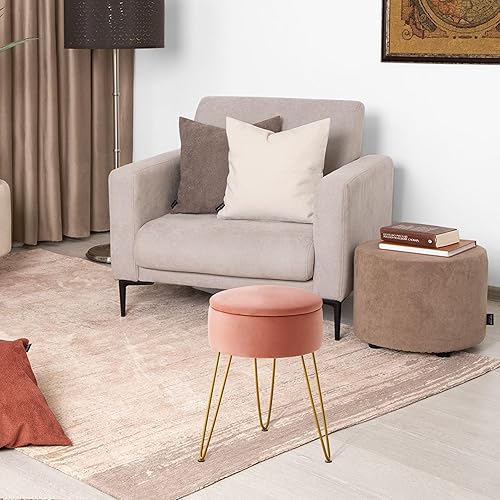 Miniatura 6 de LUE BONA Taburete de terciopelo para sala de maquillaje, otomana de almacenamiento redondo, taburete para tocador con patas doradas, silla de