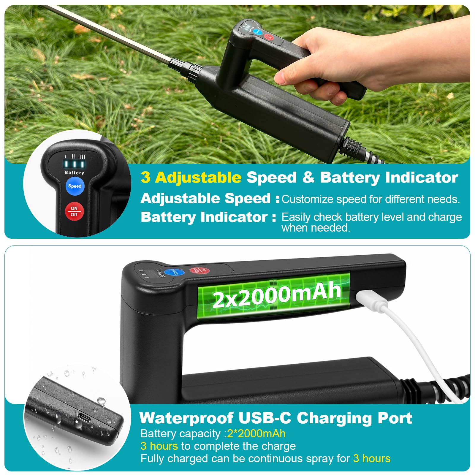 SYLSTAR Pulverisateur Electrique 8L 7.4V Jardin avec 4 Buses Reglables 3 Vitesses Canne Telescopique