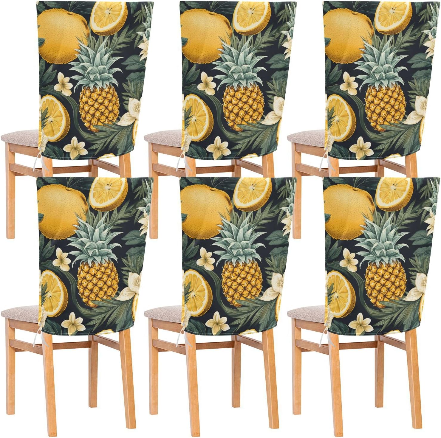 ALAZA Lemon Flowers Pineapple Chair Back Cover Set of 6, Washable Reusable Removable Chair Slipcovers Decorative Chair Cover for Home Kitchen Wedding Party