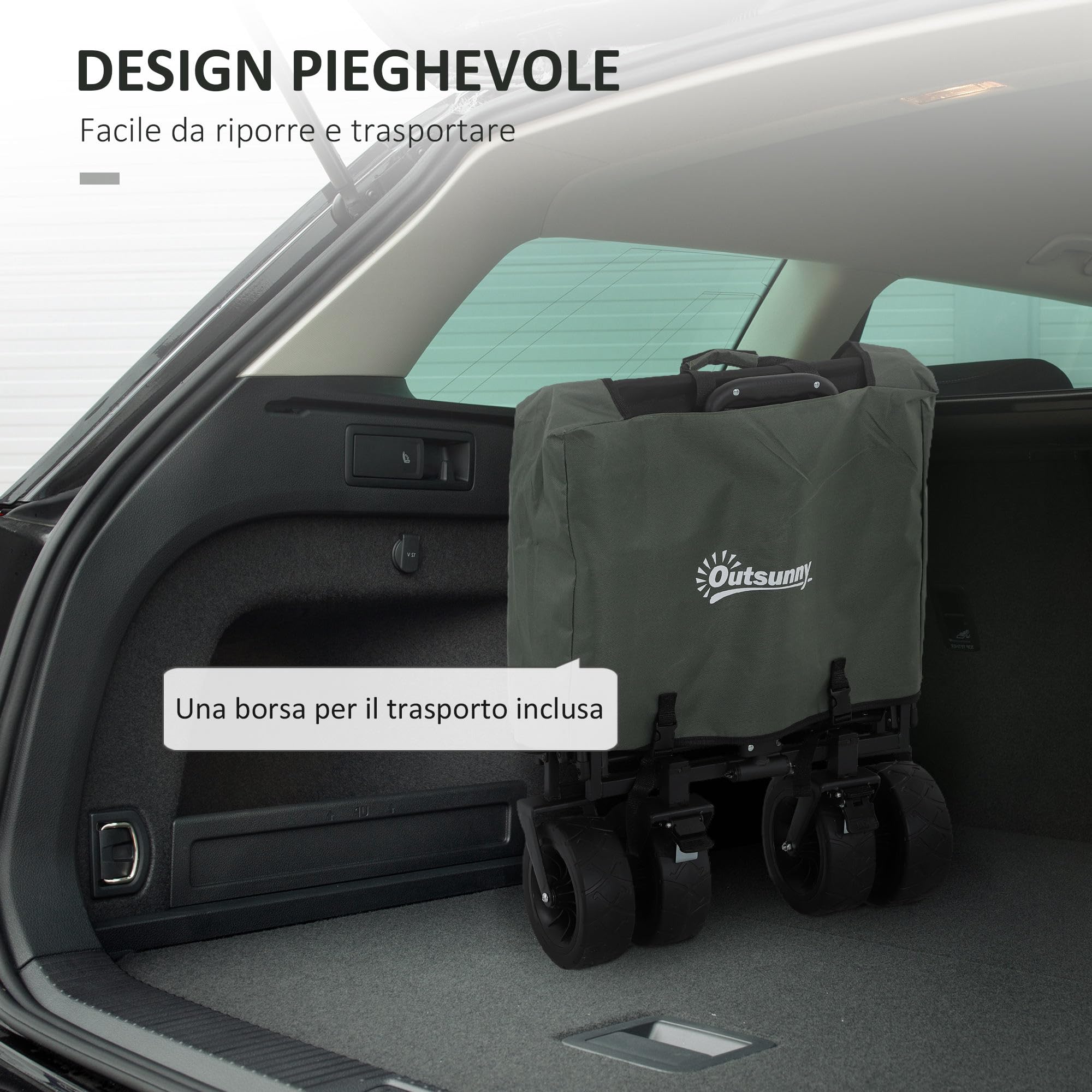 Outsunny Carrello da Giardino da 95L con 4 Ruote Carrello Spiaggia Verde | Pieghevole, Acciaio e Tessuto Oxford, Borsa da Trasporto Lavabile, 2 Tasca Portaoggetti, Maniglia Girevole e Regolabile