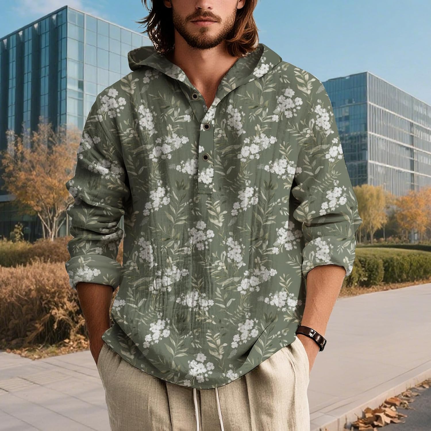 Mens Hooded Floral Button Down Shirt Long Sleeve Lightweight Relaxed Fit Nature Inspired Top for Spring - Image 5