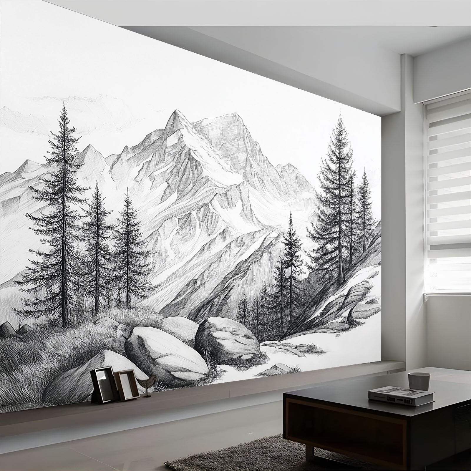 Carta da parati fotografica con disegno a matita di montagne e alberi, stile paesaggio naturale, 300 x 210 cm (larghezza x altezza), grande poster per soggiorno, camera da letto, sfondo TV