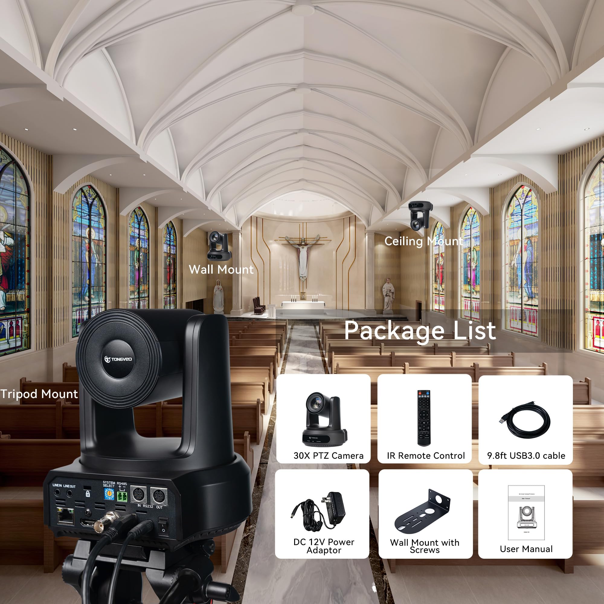 TONGVEO Telecamera IP PTZ AI Auto-Tracking SDI/HDMI/USB3.0/LAN PoE 30X Optical + Zoom digitale 16X 1080P 60fps per Live Streaming Chiesa Servizi Istruzione Videoconferenza con OBS vMix e altro