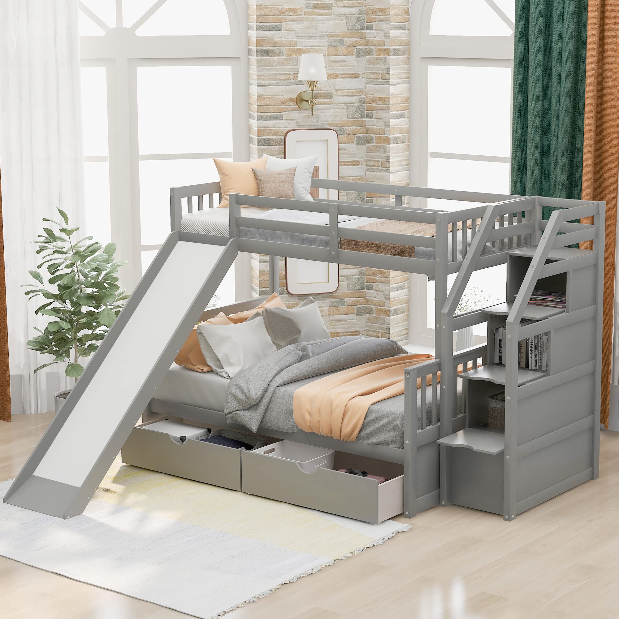 P PURLOVE Twin Over Full Bunk Bed with Drawers, Storage and Slide for Boys Girls, Gray