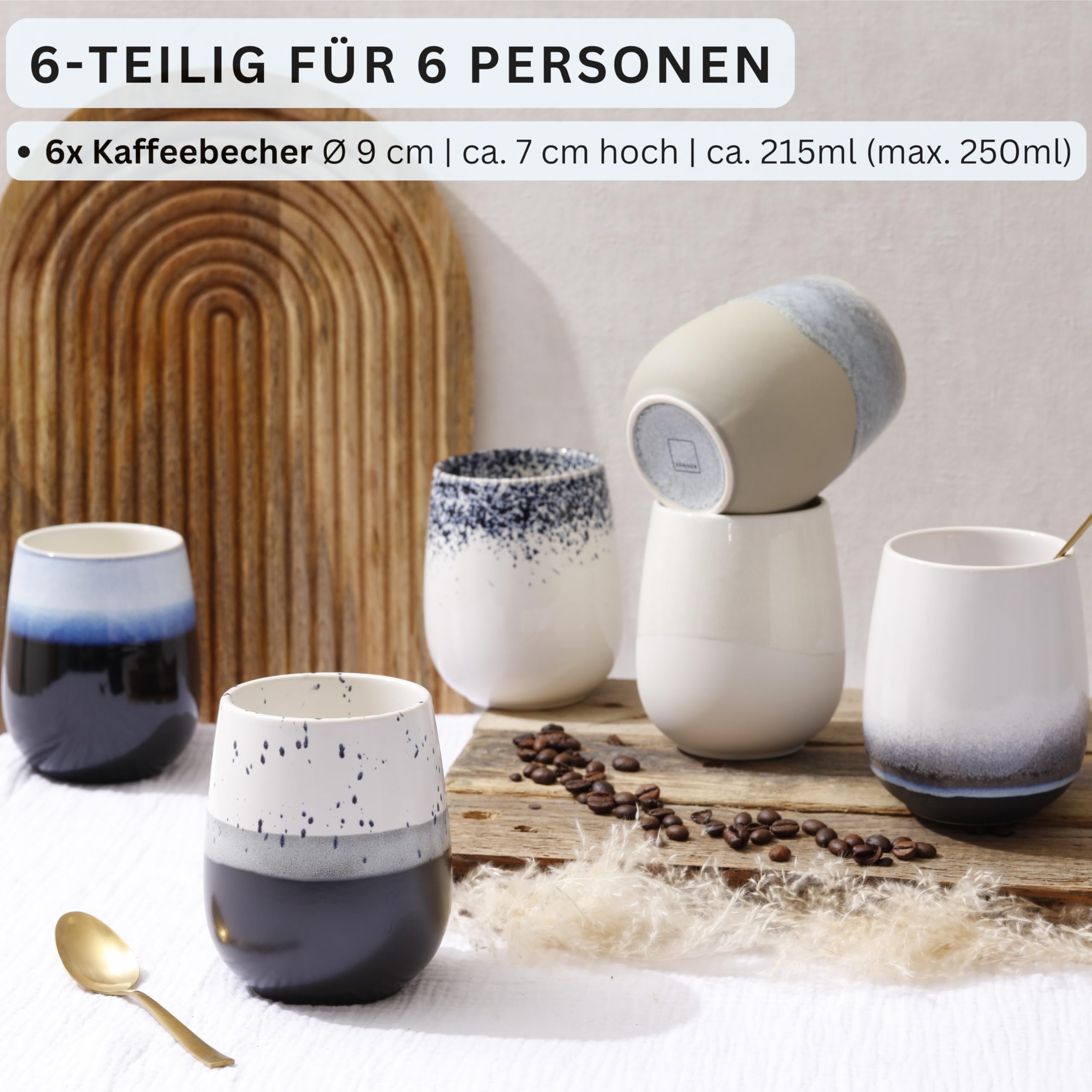 Sänger Siena | Premium Kaffeebecher 6 Personen, Steingut Kaffeetassen Set, Teetassen spülmaschinen- & mikrowellenfest, Coffee Mug mehrfarbig 215 ml, Kaffeebecher handmade | PREMIUM COLLECTION