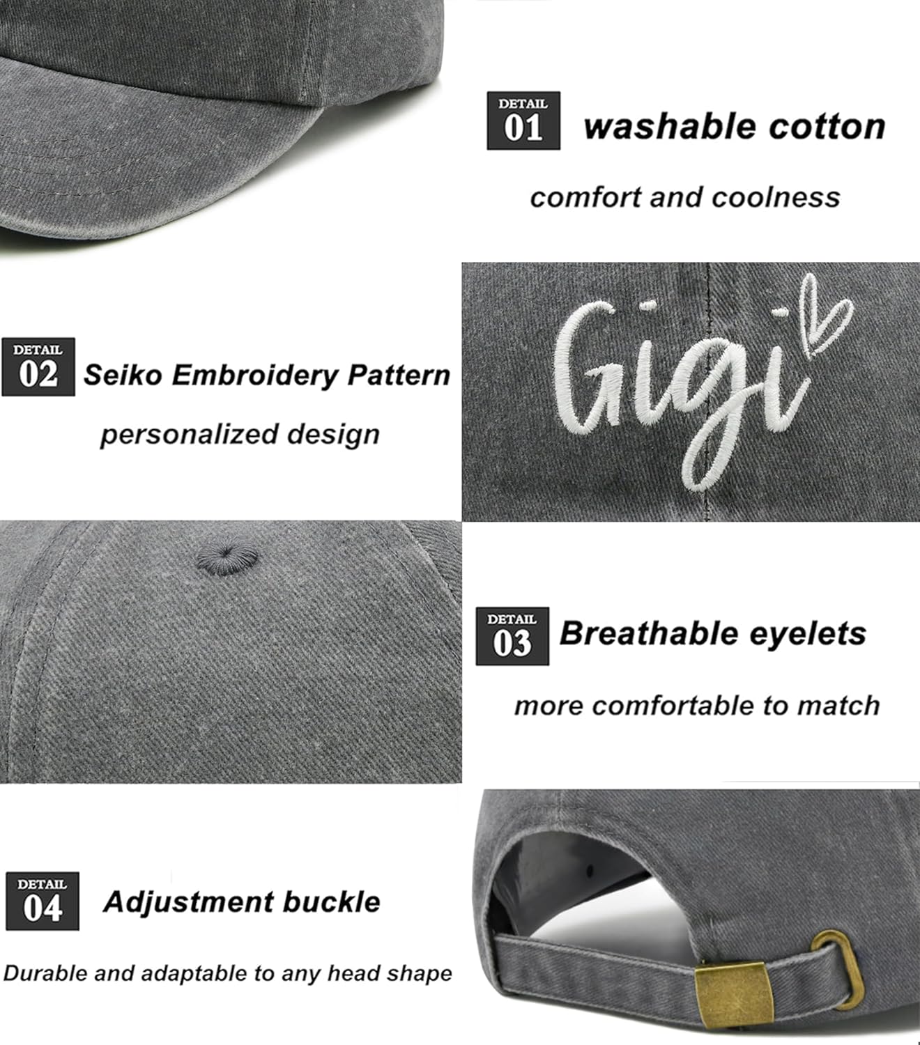 Gigi Hats for Women, Gigi Gifts for Grandma, Adjustable Embroidered Grandmother Baseball Cap - Image 5