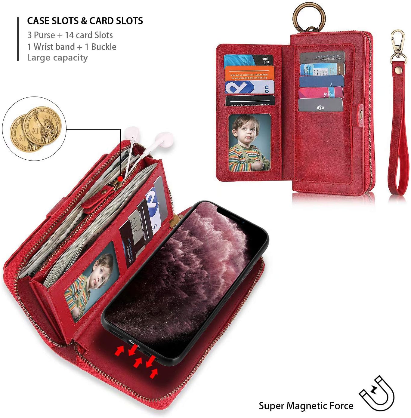 Petocase for iPhone 11 Pro Max 6.5 Wallet Case, Multi-Function Zipper Purse with Detachable Magnetic Cover Wristlets 13 Card Slots & 4 Cash Pocket for Apple iPhone 11 Pro Max 6.5 Inch Red
