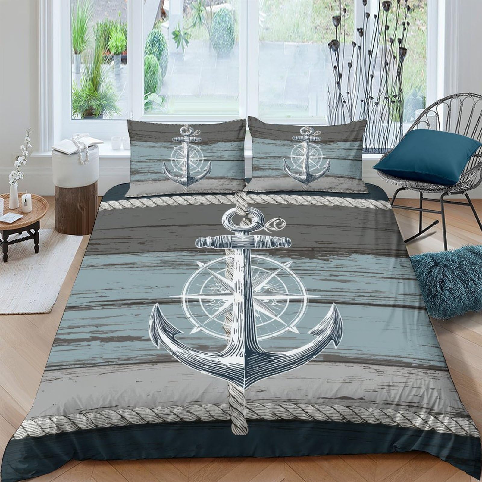 Ctjqhvkz Style-4 3D Printed Nautical Anchor Fitted Sheet Microfiber Grey Blue Ocean Wood Mattress Cover For Bedroom Guest Room Decor Single（135X200cm）
