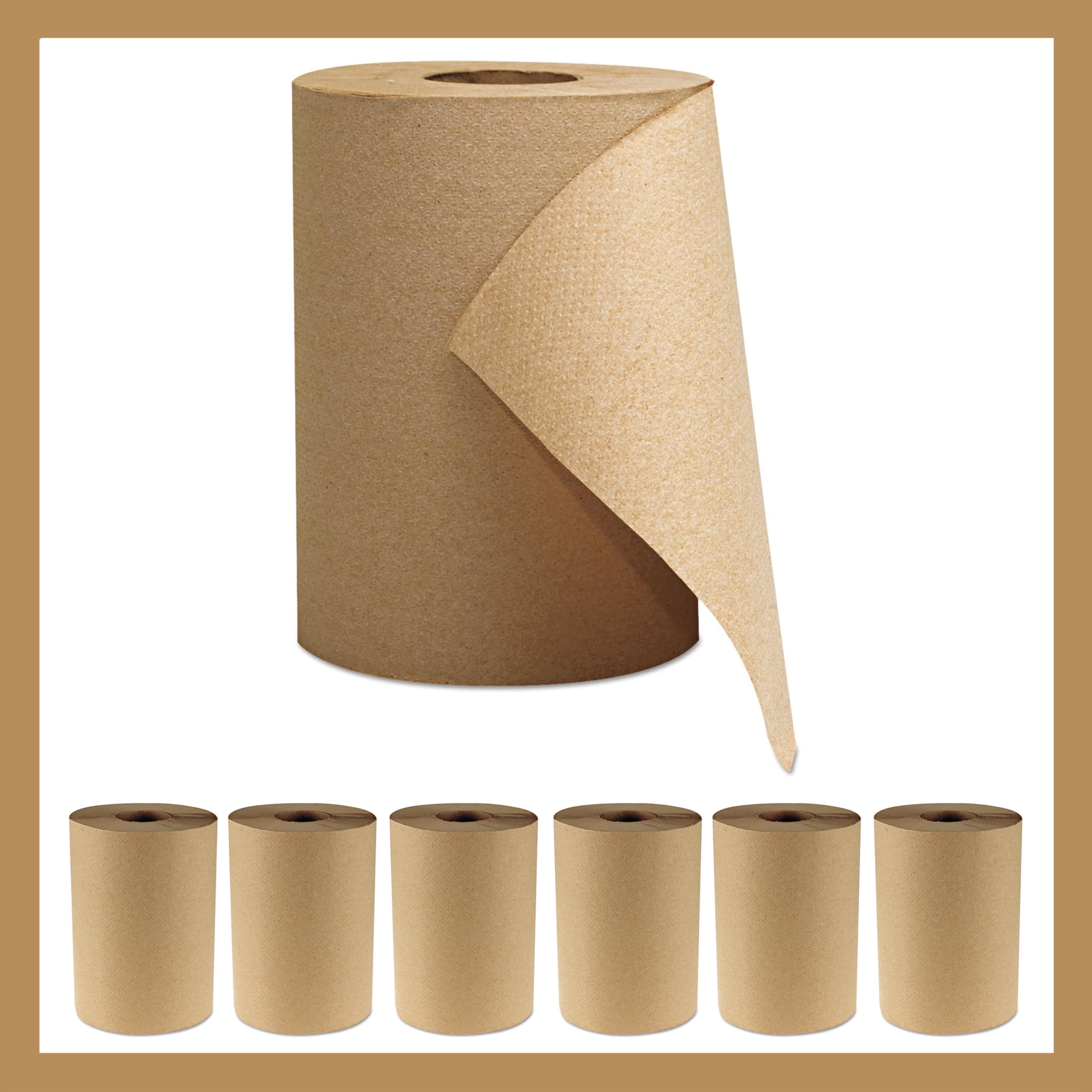 Pokanic Paper Hand Towel [6 Rolls] Natural Brown [8" x 350 ft] 1 Ply Hardwound Universal 100% Recycled Fiber Compatible with Tork Dispensers Restrooms