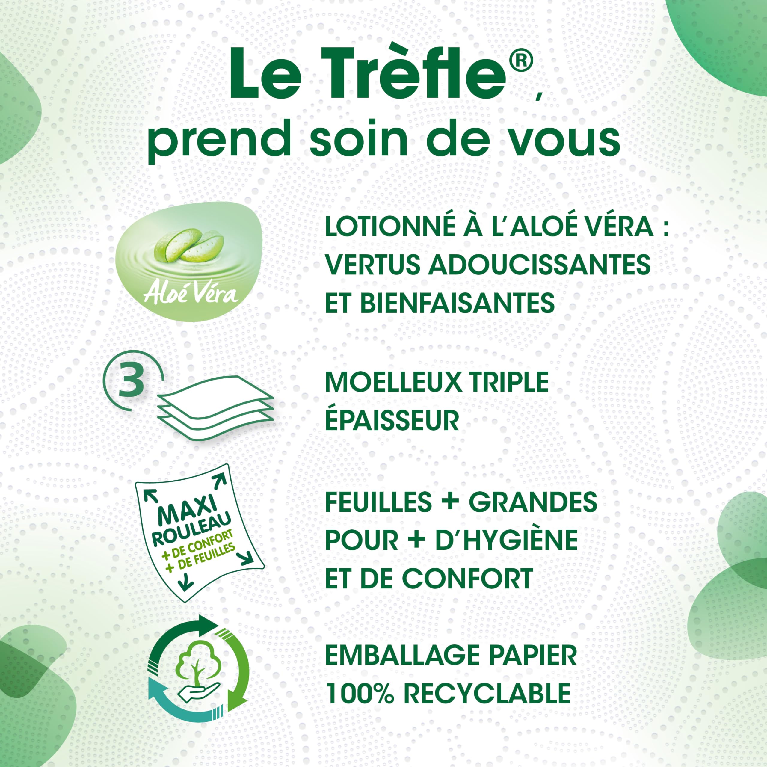 El Trébol® Aloe Véra - Papel higiénico - 24 rollos máximos = 36 rollos clásicos - Esponjoso triple grosor - Loción Aloe Vera - Embalaje de papel reciclable - Papel certificado FSC® Mixto
