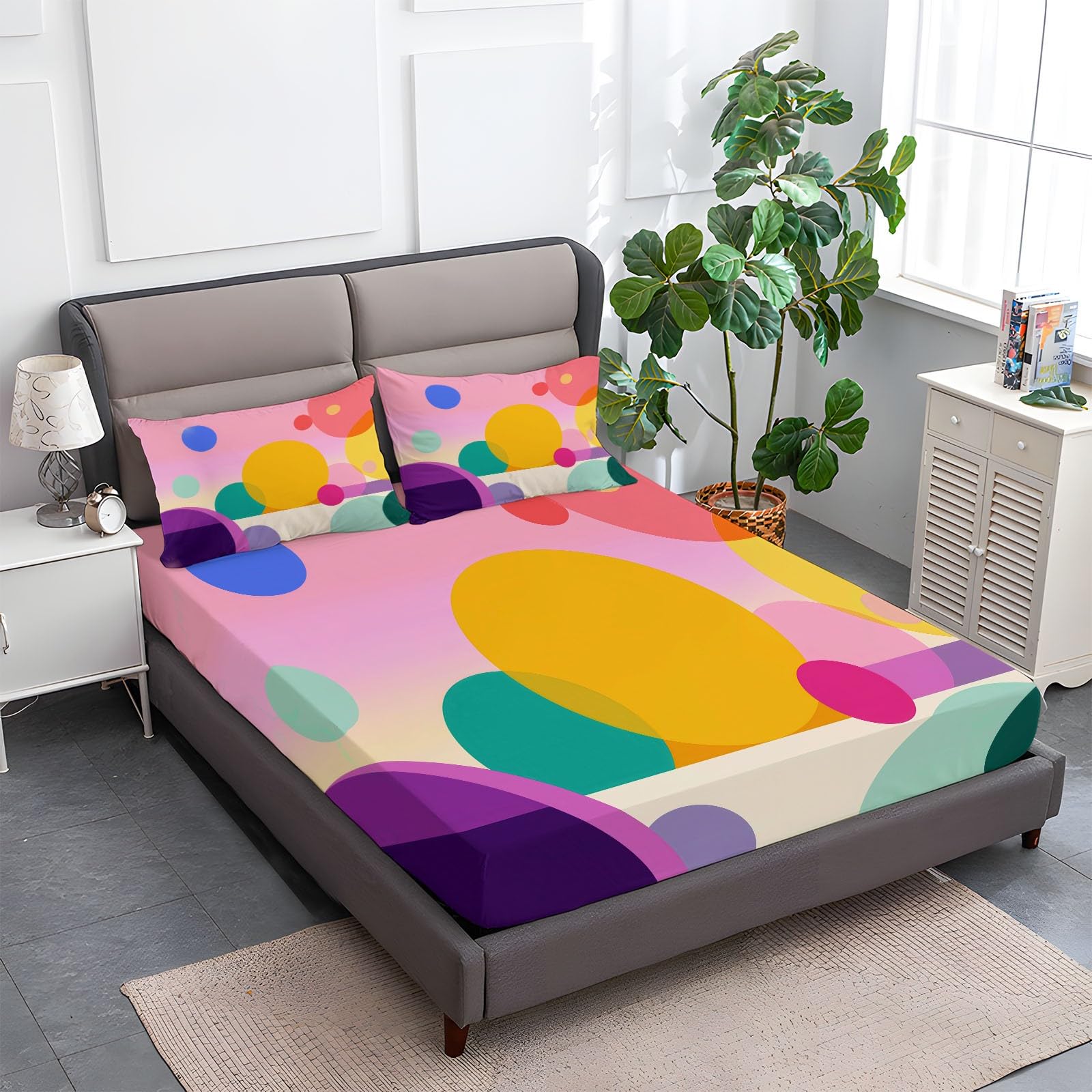 Minimalistyczny zestaw pościeli z nadrukiem geometrycznych okrągłych wzorów, 3 szt., miękka tkanina z mikrofibry - głęboka kieszeń 40 cm, ultramiękkie, oddychające prześcieradła dla nastolatków