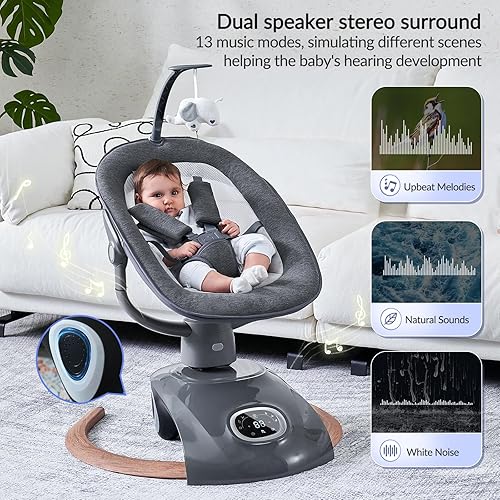 Miniatura 6 de Columpio eléctrico para bebés con control remoto, balancín con 6 movimientos, 5 velocidades, 13 música incluye ruido blanco, arnés de 5 puntos, 3