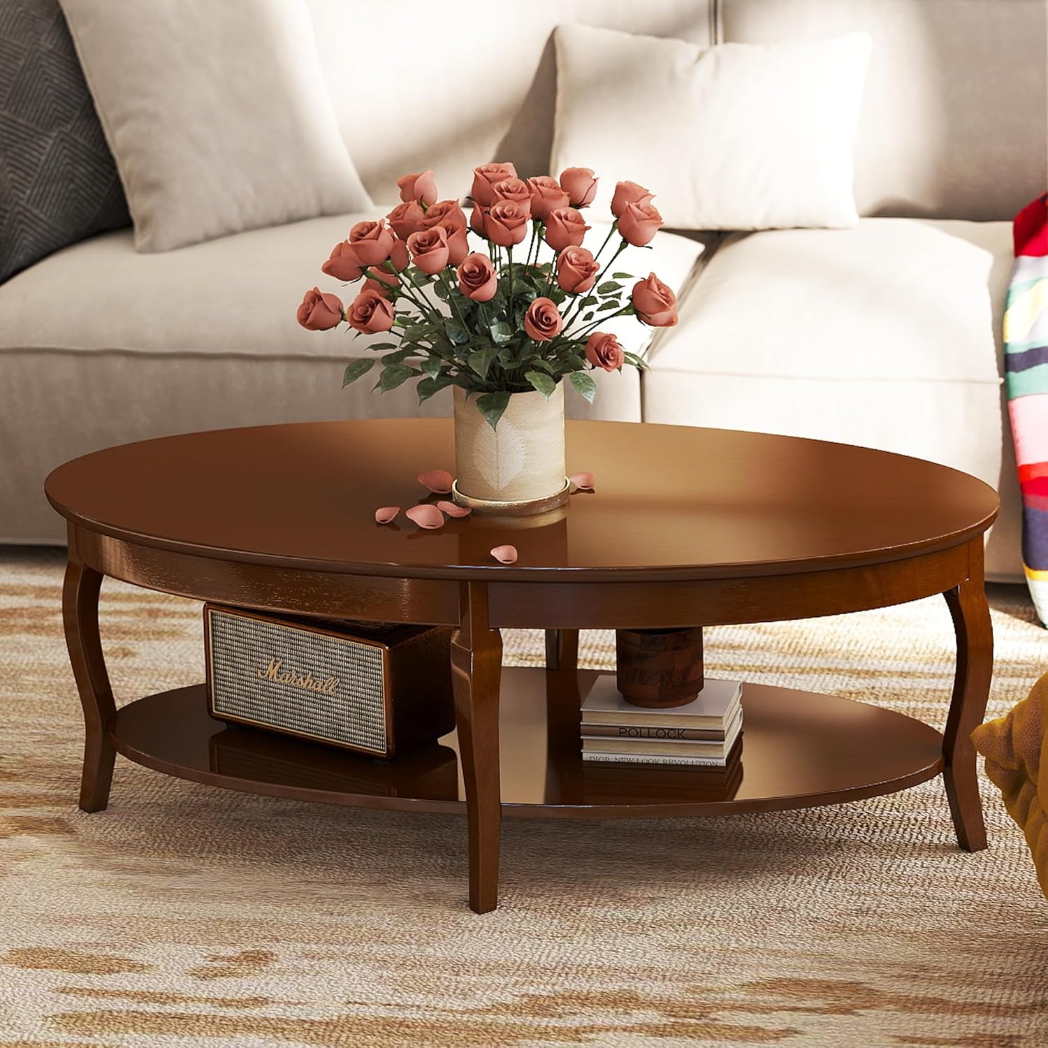 Coffee Table with Storage Oval Solid Wood Coffee Table Antique Farmhosue Living Room Table Rustic Center Table for Living Room Guest Room Reception Room Waiting Room, Brown Walnut Color
