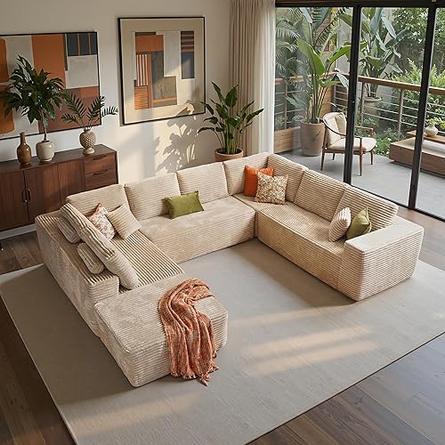 ovios Sectional Cloud Couch for Living Room, Modular Floor Sofa with Plush Corduroy, No Assembly Required, Big Comfy Couches Set with Fluffy Memory Foam, Stupendous U Shaped Sofas with Chaise, Beige