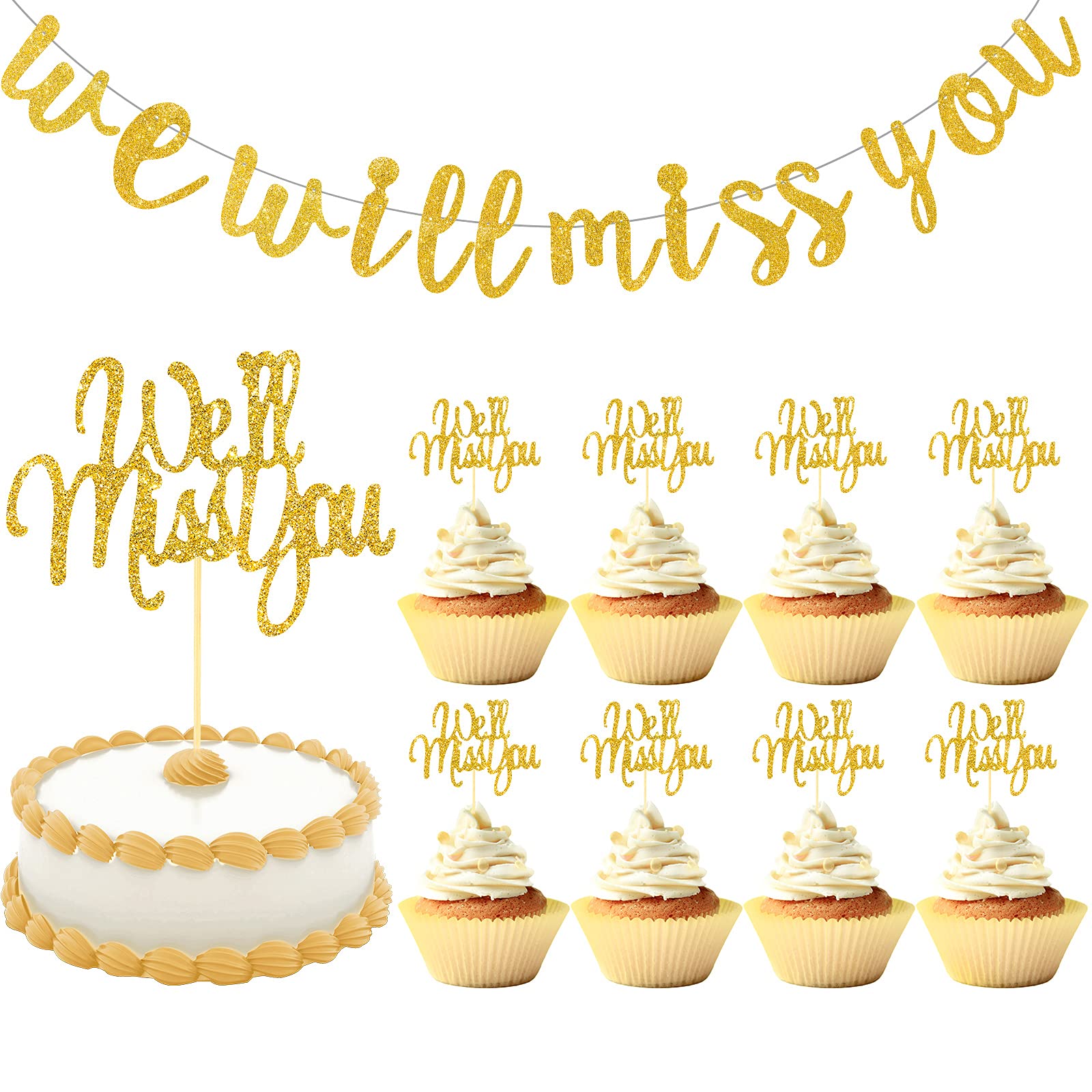 24 Pieces We Will Miss You Cupcake Toppers 1 Piece Miss You Banner and 1 Piece Miss You Cake Topper Gold Glitter Retirement Sign going away Supplies for Farewell Retirement Theme Party