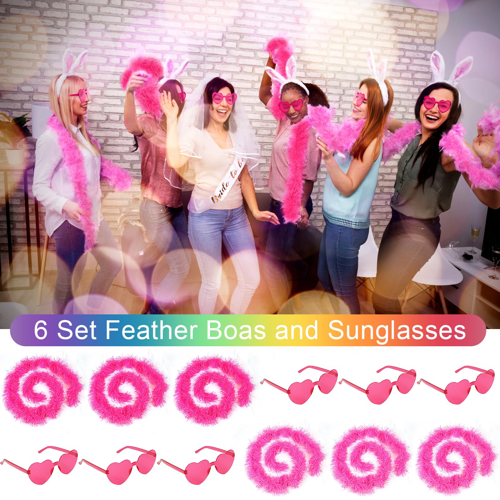 LACGO 6Pcs Pink Feather Boas with 6Pcs Glasses,Artificial Fluffy Boas Decoration,Fancy Dress for Women,Heart Rimless Sunglasses,Party Accessories for Dancing Wedding Halloween (12Pcs) - Image 4