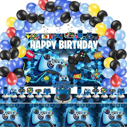 Decoraciones de fiesta de cumpleaños de videojuegos, 109 piezas, suministros para fiesta de cumpleaños de niños, telón de fondo feliz, cubierta de