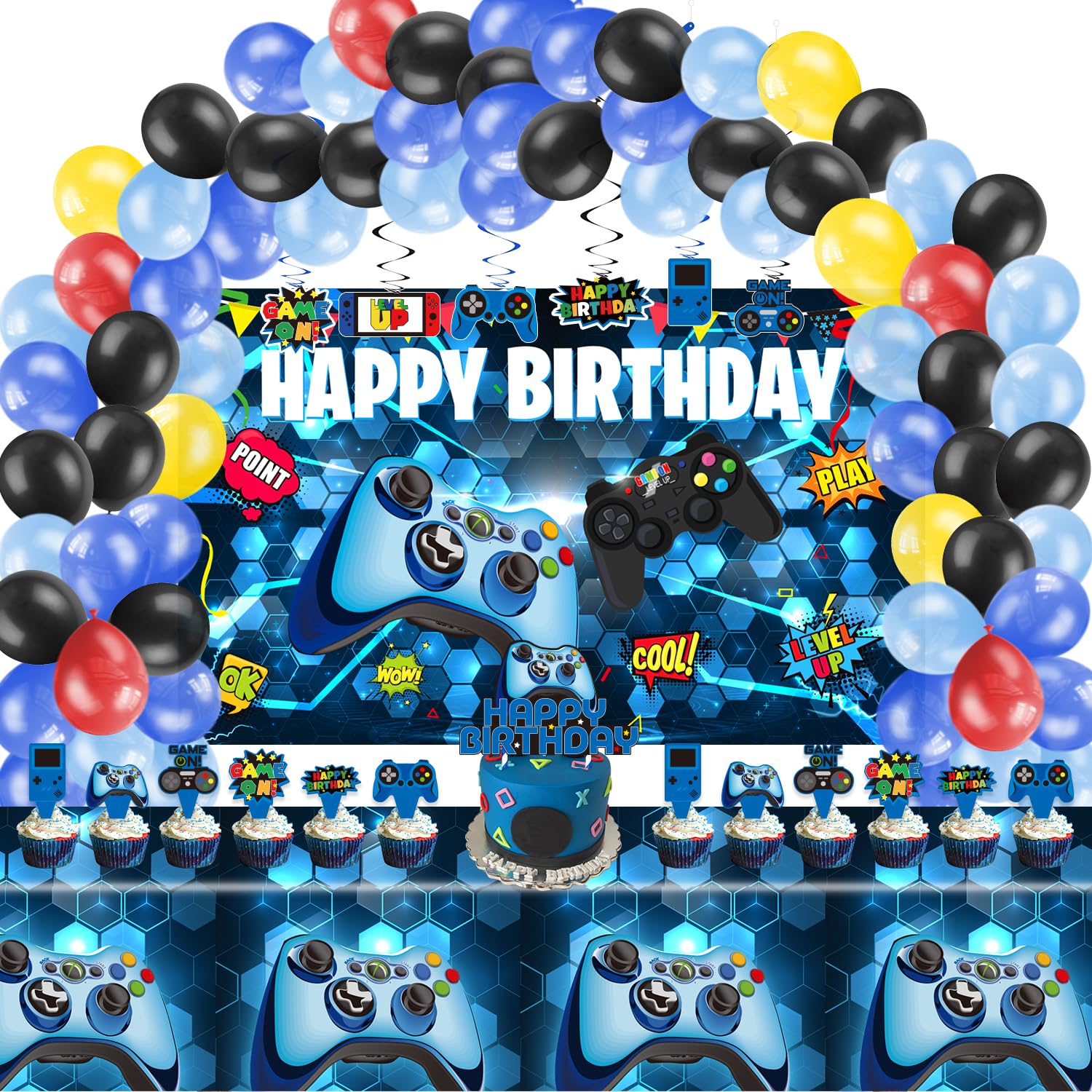KimaruLZ Video Game Birthday Party Decorations - 109Pcs Gamer Gaming Party Supplies For Boys Birthday Party - Happy Backdrop, Table Cover, Hanging