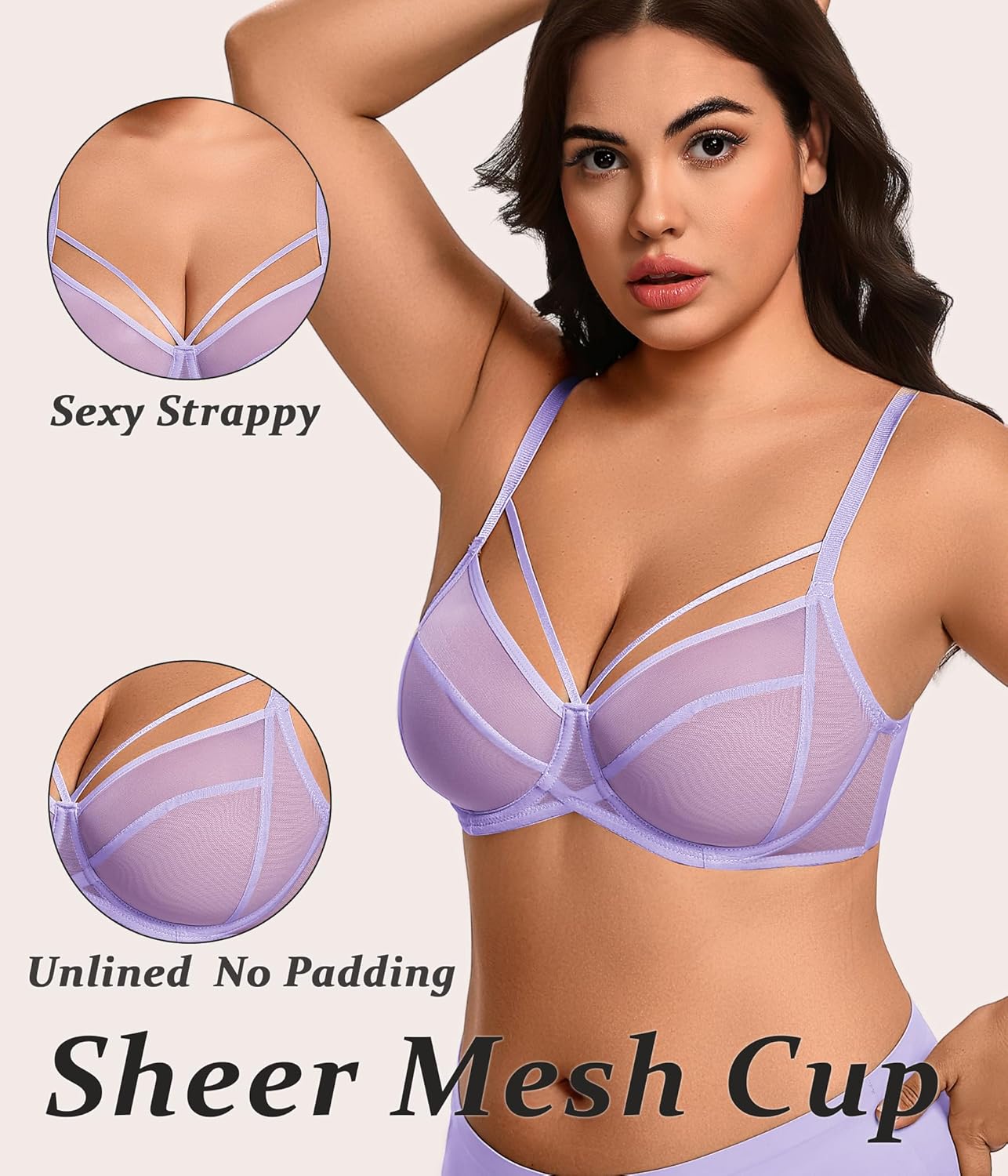 Avidlove Women's Sheer Mesh Bra Full Coverage Strappy Underwire Bras Unlined Sexy See Through Minimier Bra - Image 2