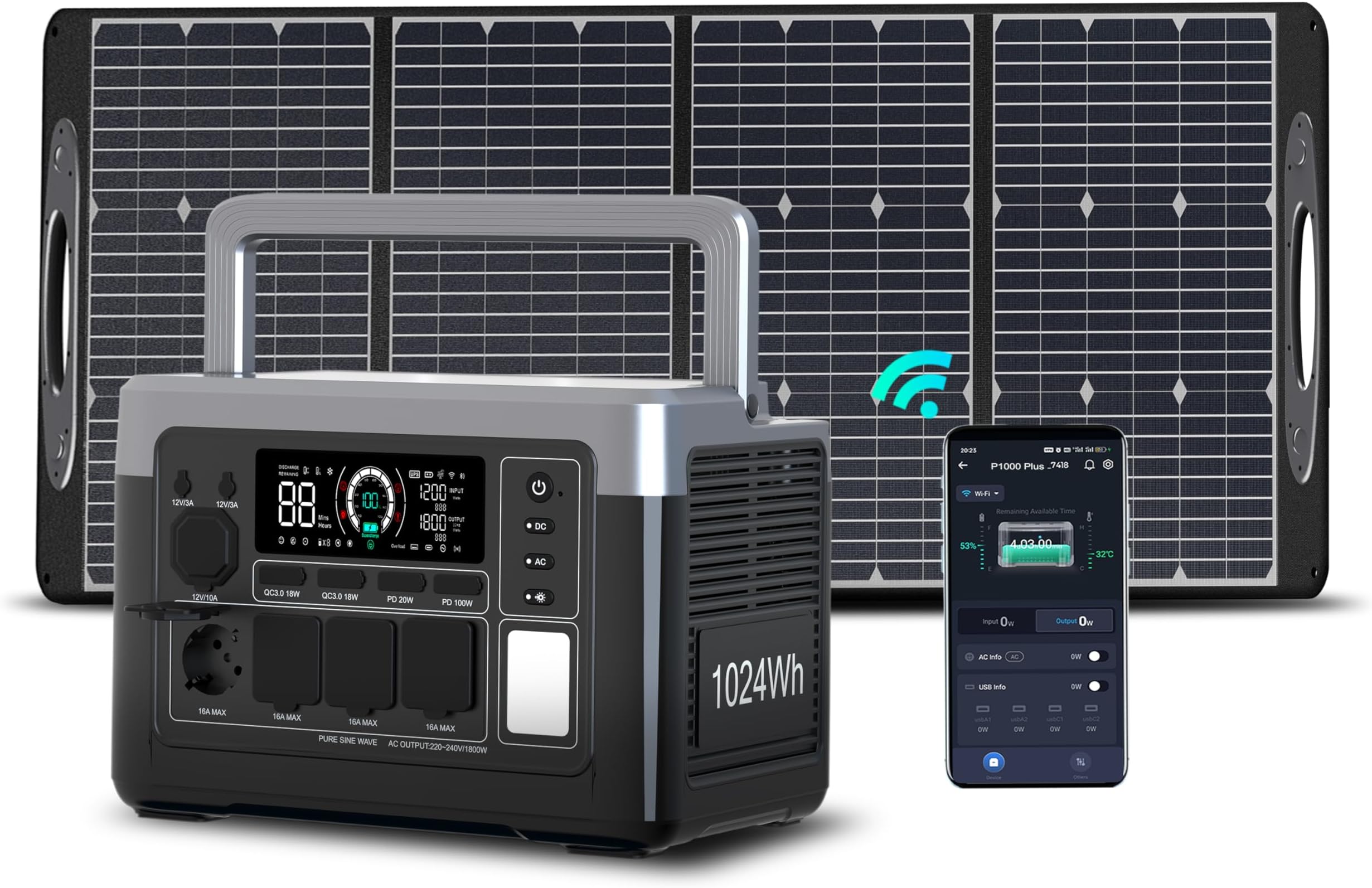 P1000 Plus Portable Power Station with Solar Panel 100W, 1024Wh LiFePO4 Battery, 1800W Solar Generator, 0-80% in 45 Min. Ideal for Camping, Motorhomes and Power Outages