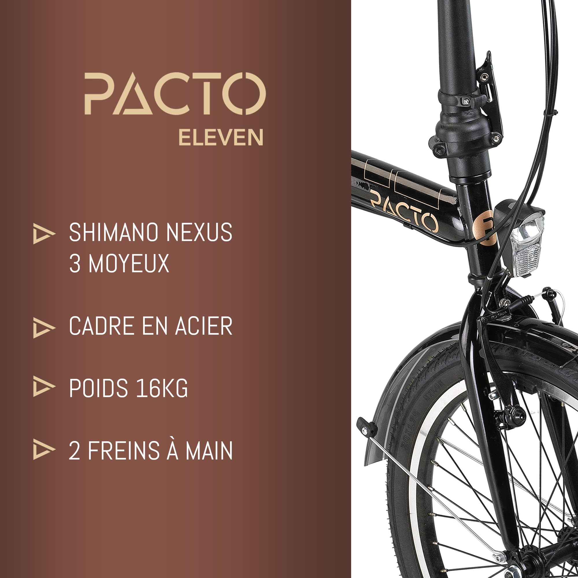 PACTO Eleven Vélo pliable de 20 pouces de haute qualité 27 cm Cadre en acier Shimano Nexus 3 vitesses, vélo de ville pliable facile à plier en 10 secondes, vélo pliable V-Brakes pliable