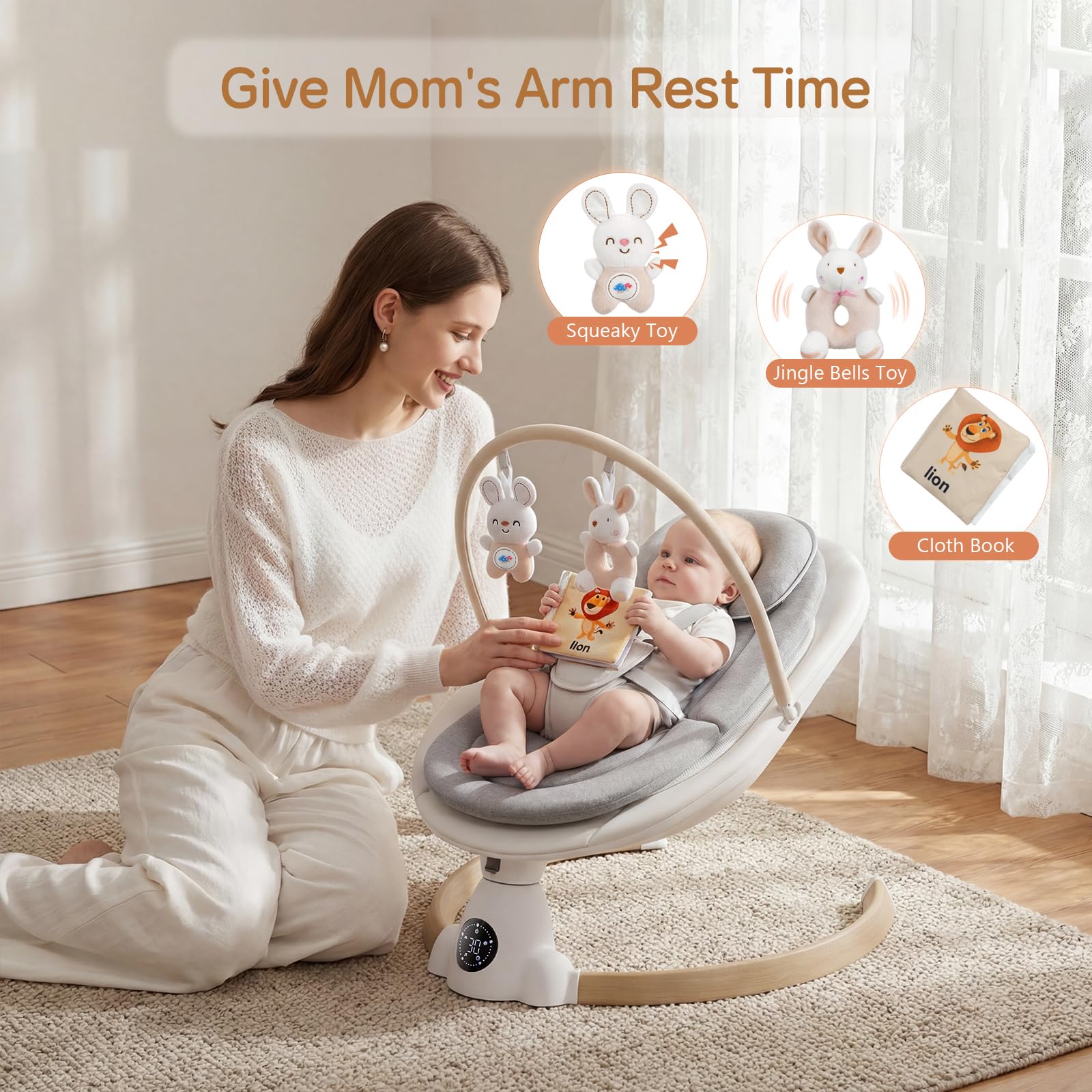Baby Bouncer, Portable Electric Baby Swing with Bluetooth, 5 Swing Speed, 10 Lullabies, 5-Point Harness, Remote Control & Touch Panel - Bouncer from Birth for Indoor & Outdoor Use (Wood Grain) — view 2