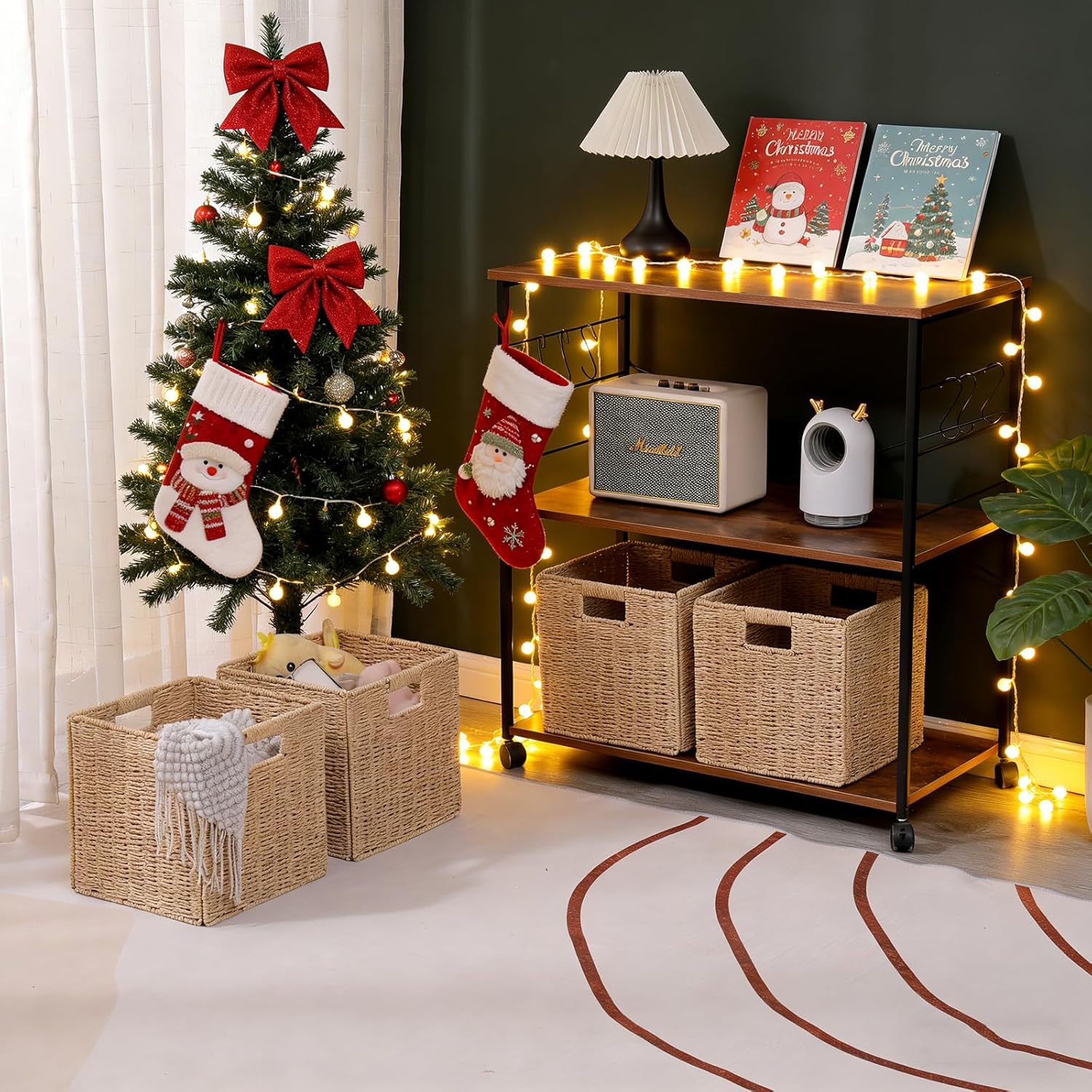 Wicker Storage Baskets 4-Pack Handwoven Paper Rope Organizer Bins,Foldable Square Cubes with Built-in Handles for Shelves and Closet,11''x11''x11''(4)