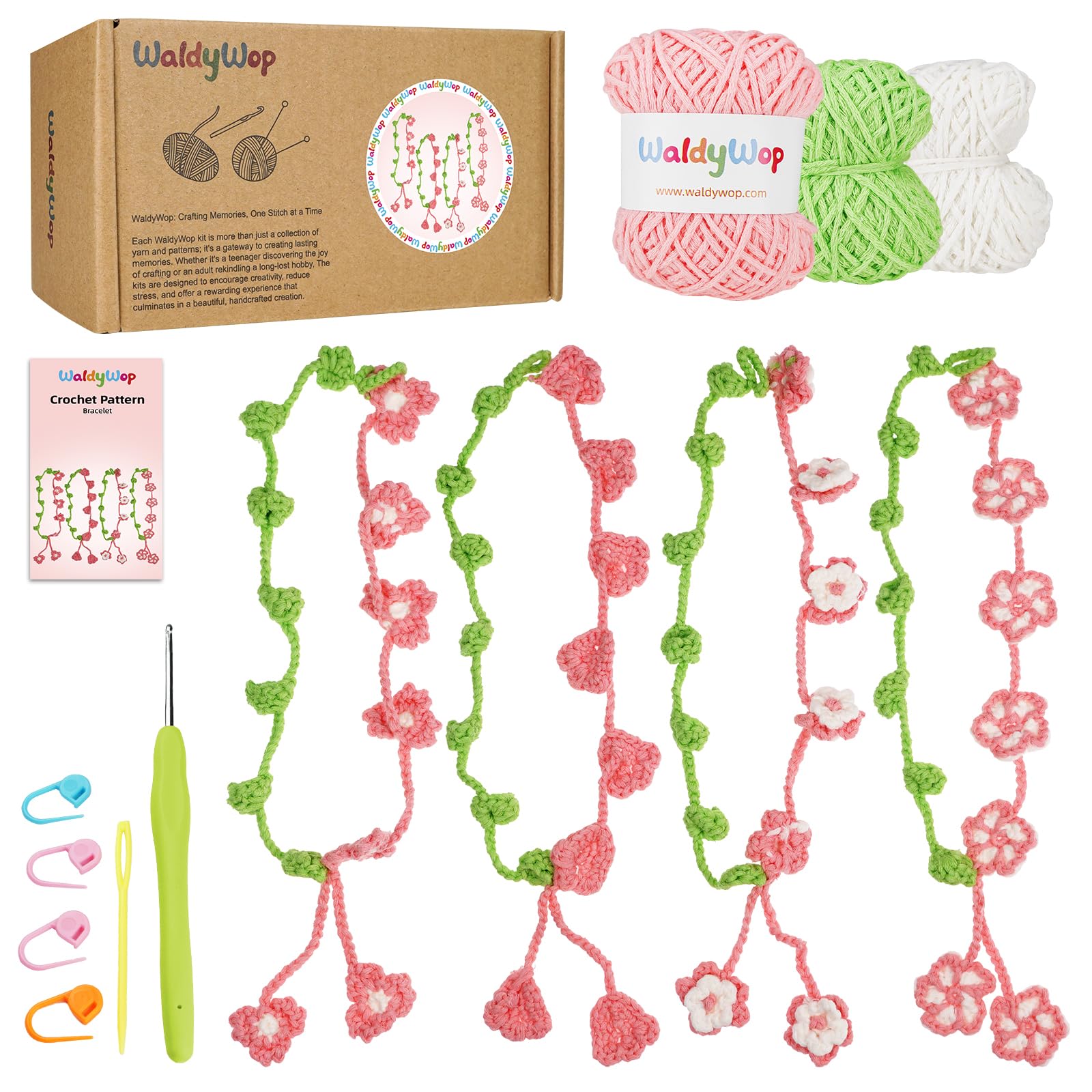WaldyWop Crochet Kit for Beginners: 4 Flower Bracelets Starter Kit w/Videos