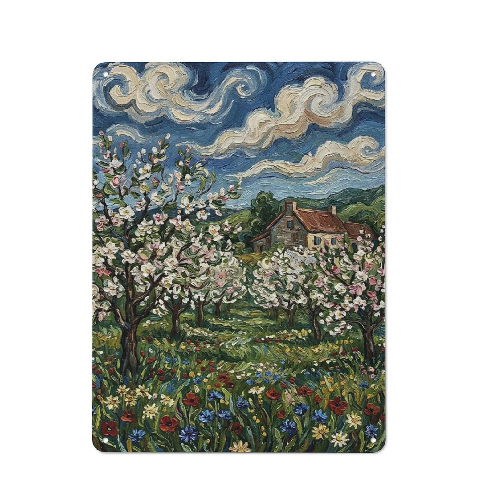 Junmoney Style-23 Metal Wall Sign 40X30cm Featuring Blossoming Orchard Painting For Pub Or Café, Housewarming Wall Decor For People Furnishing Pub And Café