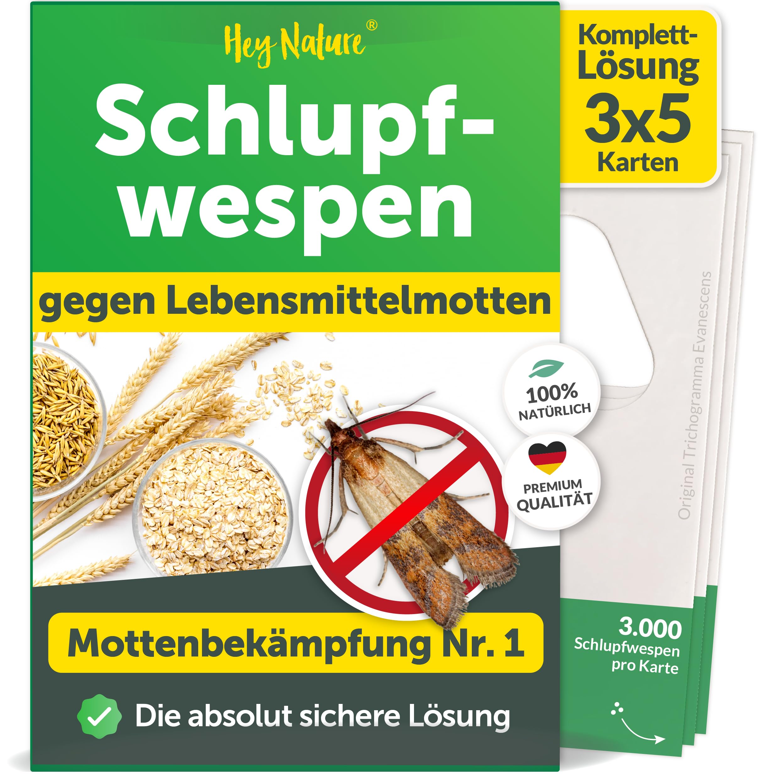Hey Nature® Schlupfwespen gegen Lebensmittelmotten, 15 Karten (5 Karten à 3 Lieferungen). Effektiv Lebensmittelmotten bekämpfen mit Schlupfwespen gegen Motten. Alternativ zu Mottenkugeln & Mottenspray