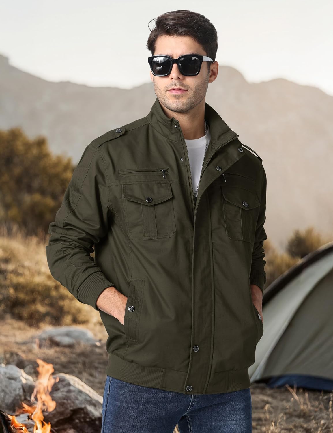 CRYSULLY Men's Cotton Military Jacket Lightweight Casual Windbreaker Stand Collar Bomber Jackets Coat with Multi Pockets - Image 3