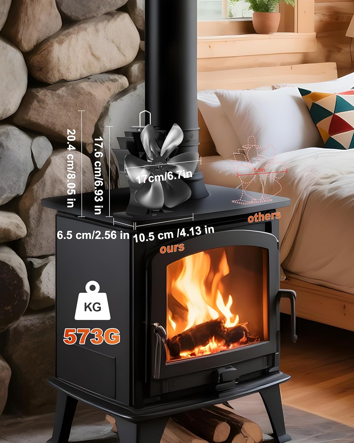 HIDALIFE Large Wood Stove Fan with Therometer, 6 Blades Heat Powered Fireplace Burner Fan with 50% More Hot Airflow, Silent Operation,Circulation for Wood/Log Burner/Pellet Stove