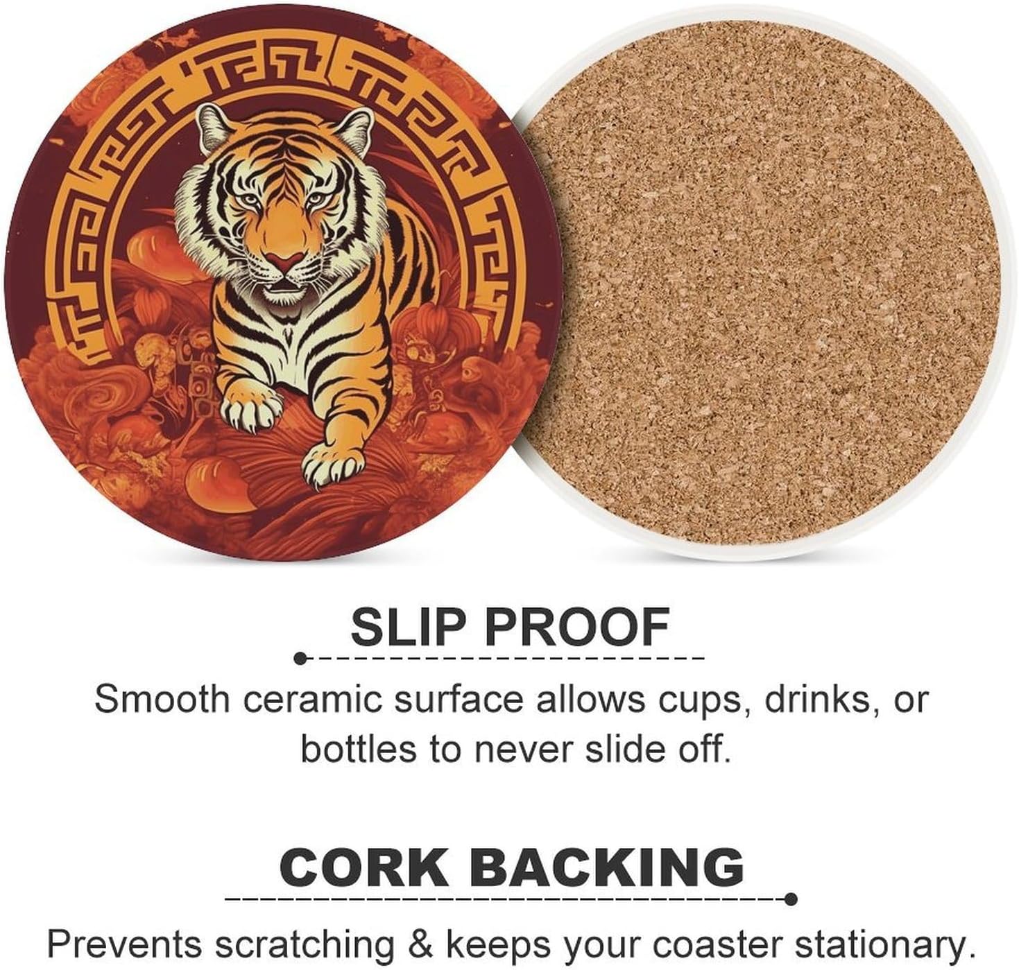 6PCS Prosperity in The Year of The Tiger Coasters Non-Slip Round Drink Coasters with Ceramic Stone and Cork Base, Heat Resistant Absorbent 33.00Stone Coaster Set for Kinds of Mugs and Cups, 4 Inch