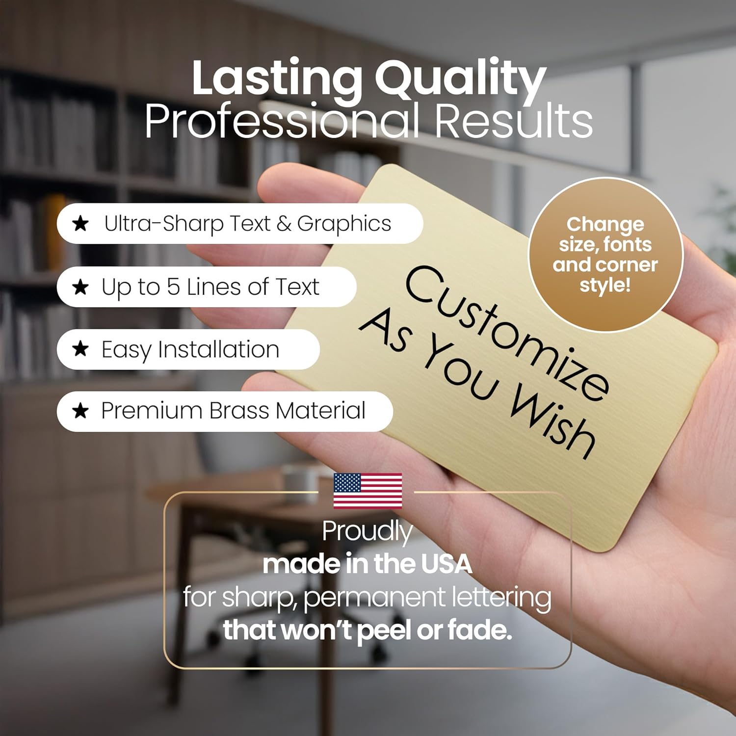 Personalized, Custom Brushed Gold Solid Brass Plate - Sizes 1x3, 1x4, 2x4, 2x6, 2x8, 3x6 - Picture Frame Name Label Art Tag for Frames, with Adhesive Backing - Indoor use only - 10 Tags