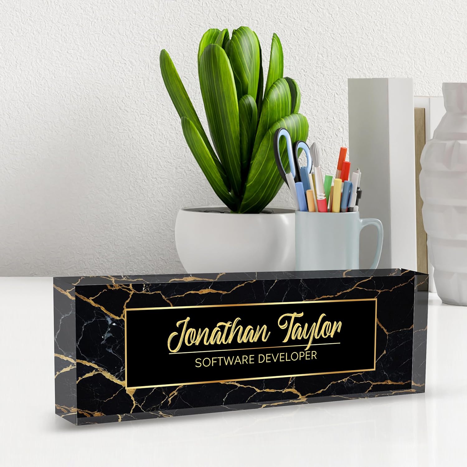 Custom Desk Name Plate Personalized, Acrylic Name Plate for Desk, Office Desk Decor for Women and Men, Employee Appreciation Gifts Office Gifts for Boss, Manager, Teacher, Nurse (Black Gold Marble) - Image 3