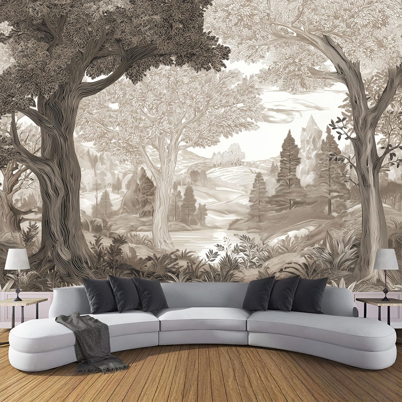 Papier peint panoramique forêt dessinée à la main, décor mural brun haut de gamme