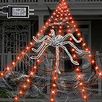 Vista 10 de Decoraciones de Halloween, luces de telaraña, 120 luces LED moradas de 12 pies de telaraña gigante, gran decoración iluminada para exteriores