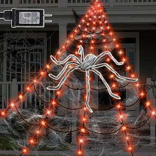 Spider Web Lights Halloween Decorations Outdoor, 135 Orange LED Light Up 16.4Ft Giant Black Spiderweb & 60" Large Spider & 22 Small Spiders & 20g Stretch Cobweb, 8 Modes Lighted Decor for Yard Outside