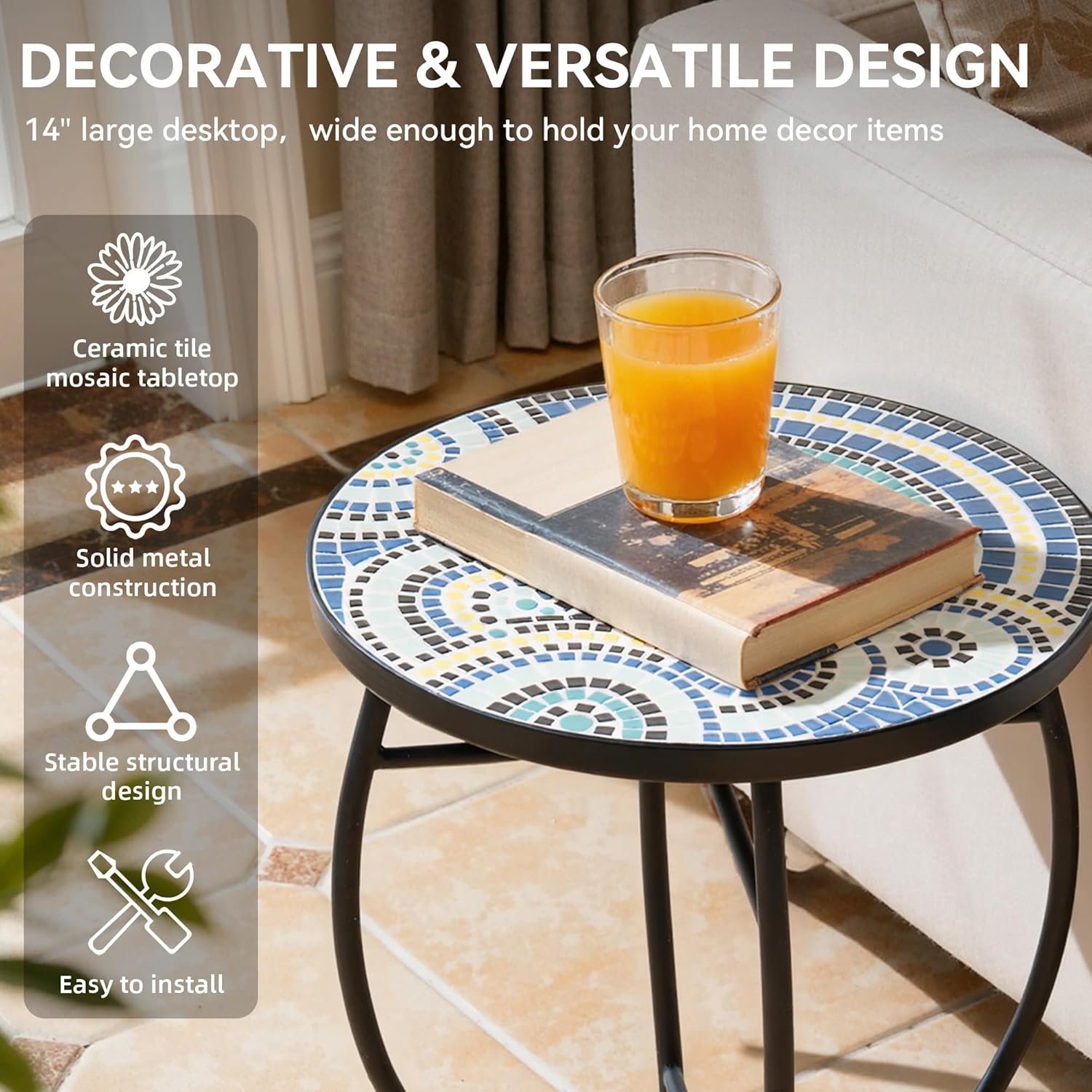 Side Table Outdoor, Mosaic Patio Table Plant Stand, 22" H Iron Coffee End Table,Weather Resistant Tile Top Metal Drink Bar Table for Indoor Garden Balcony Yard Bistro Balcony
