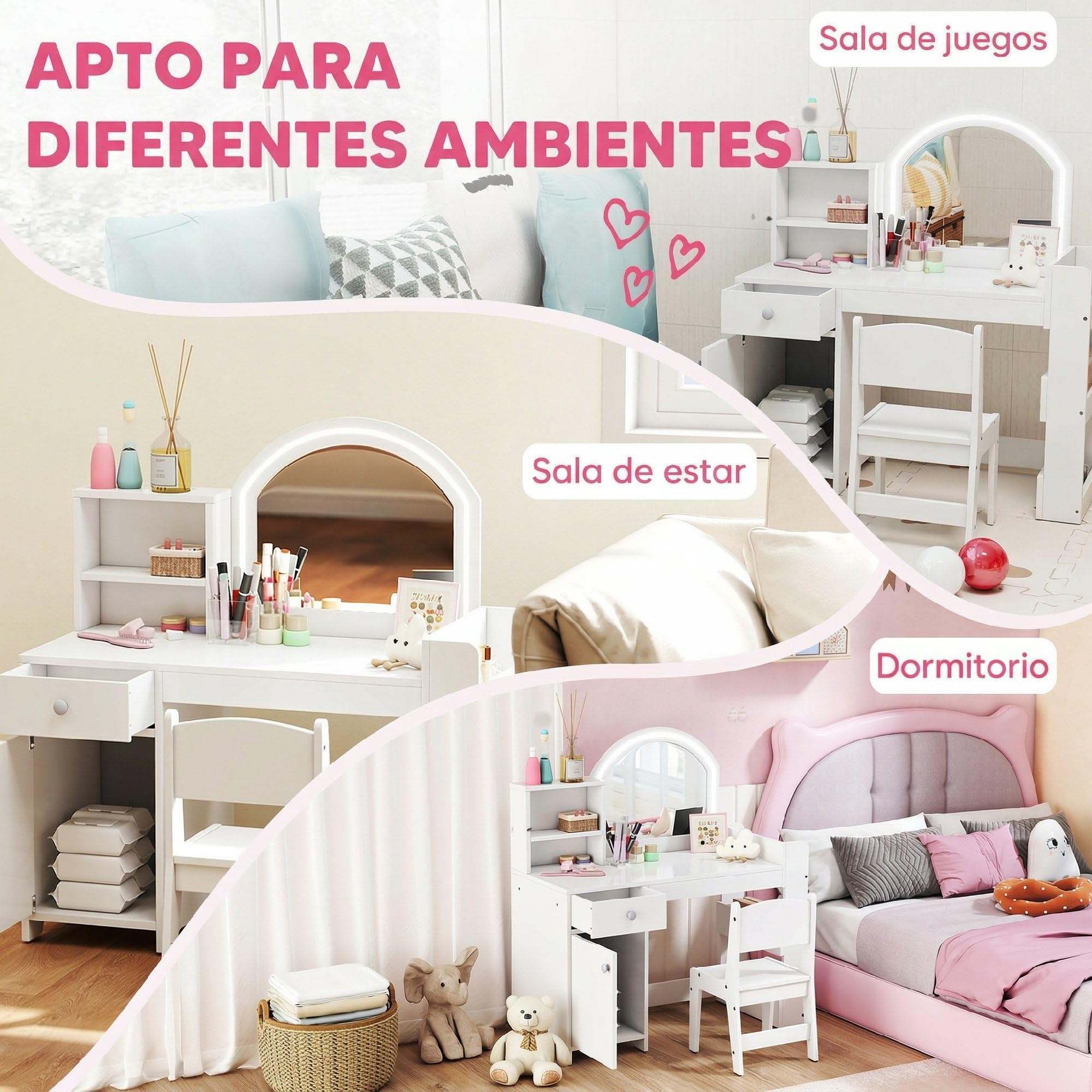 AIYAPLAY Tocador de Maquillaje Niña, Tocador Infantil con Taburete y Espejo con Luces LED, 1 Cajón, Armario y 5 Estantes, para Niños de 3 a 8 Años, Blanco