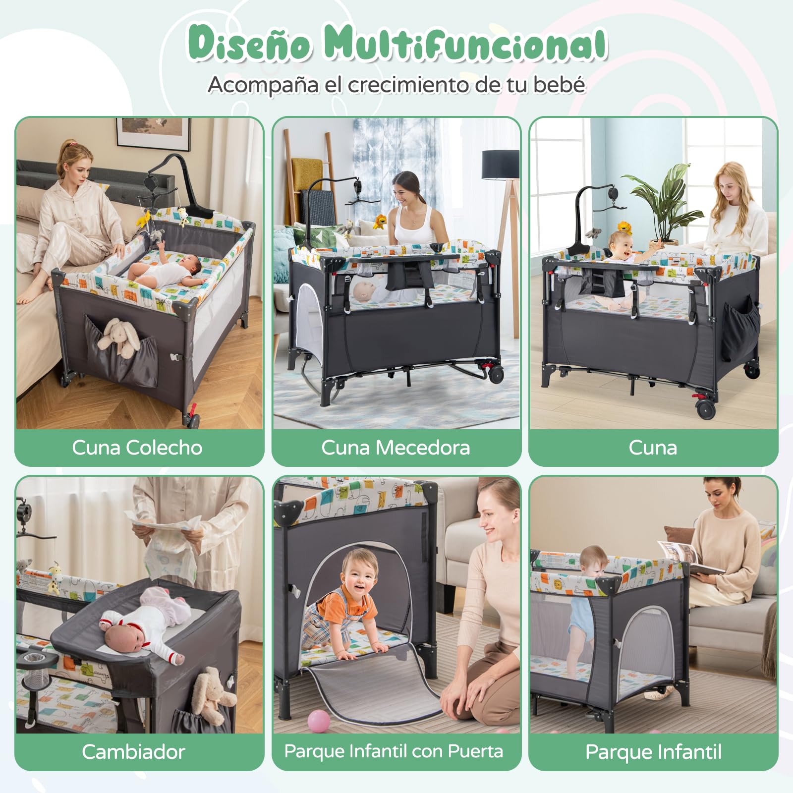 RELAX4LIFE 5 en 1 Cuna Bebé con Colchón, Cambiador, Juguete Colgante, Ruedas Bloqueables y Altura Ajustable en 4 Niveles, Cuna de Viaje para Niños 0-36 Meses (Gris)