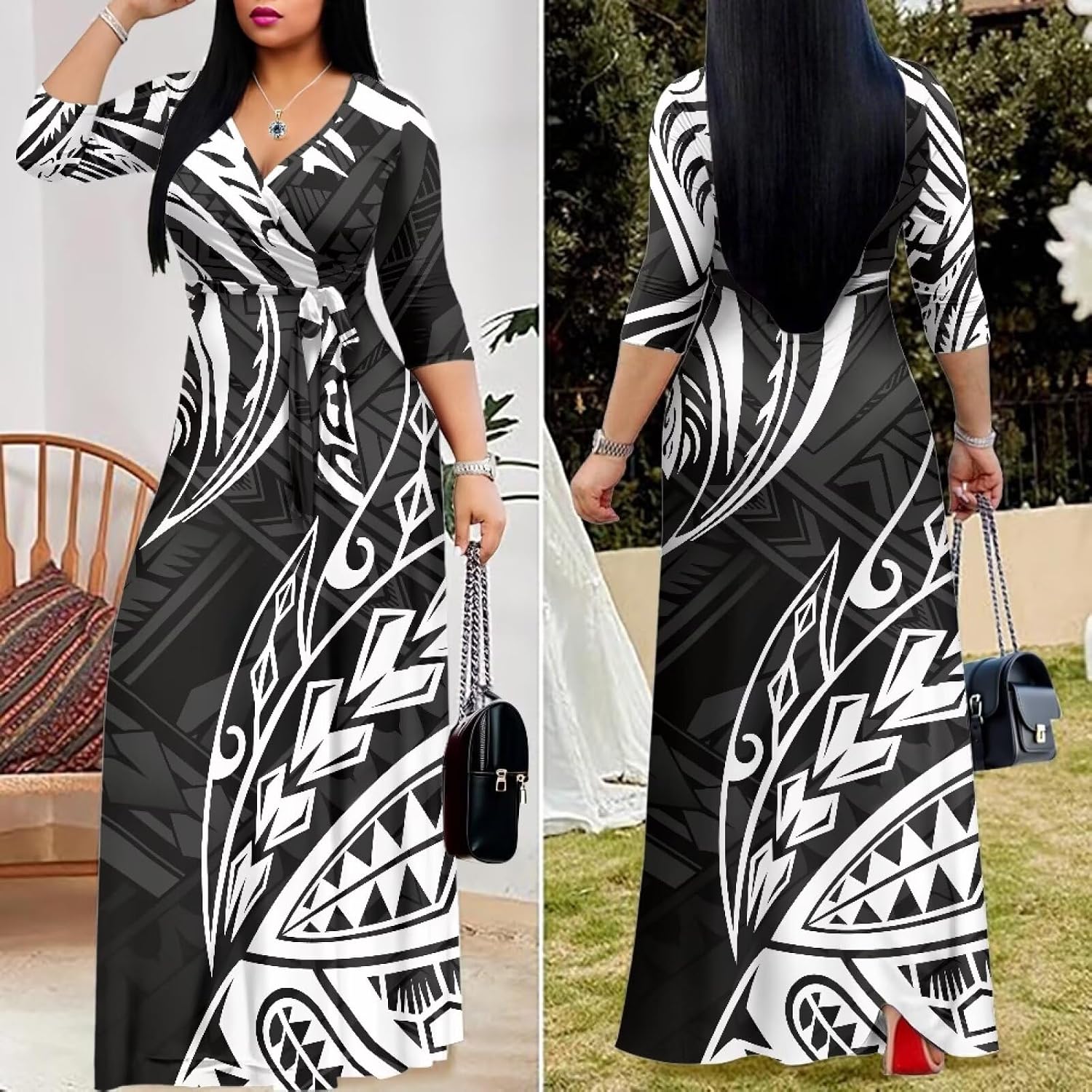Polynesian Women V Neck Maxi Dress Puletasi Samoan 3/4 Sleeve Casual Dress for Women Summer Holiday Outfis