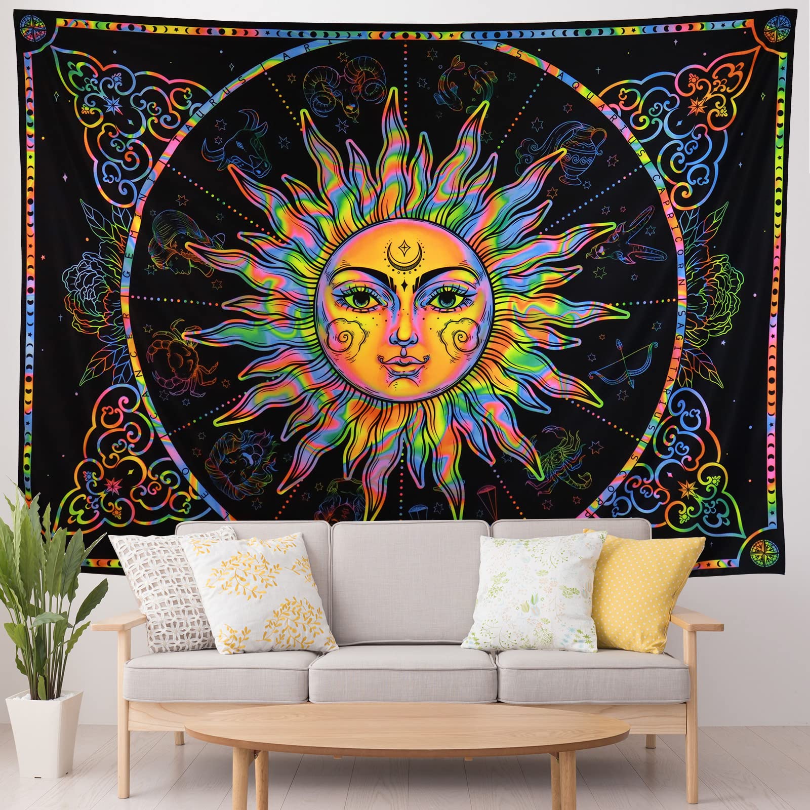 Arazzo decorativo da parete con motivo teschio, motivo Blacklight, viola, da appendere alla parete, motivo luna, arte magica da parete, per camera da letto, estetica (149,9 x 200,7 cm