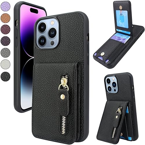 Lacass Funda compatible con iPhone 15 Pro de 6.1 pulgadas, tarjetero con bolsillo con cremallera y función atril de cuero (negro)