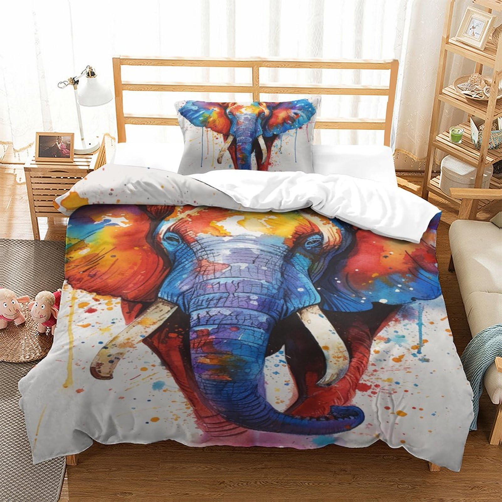 Housse de couette éléphant 135x200 parure de lit 3D microfibre fille garçon adulte