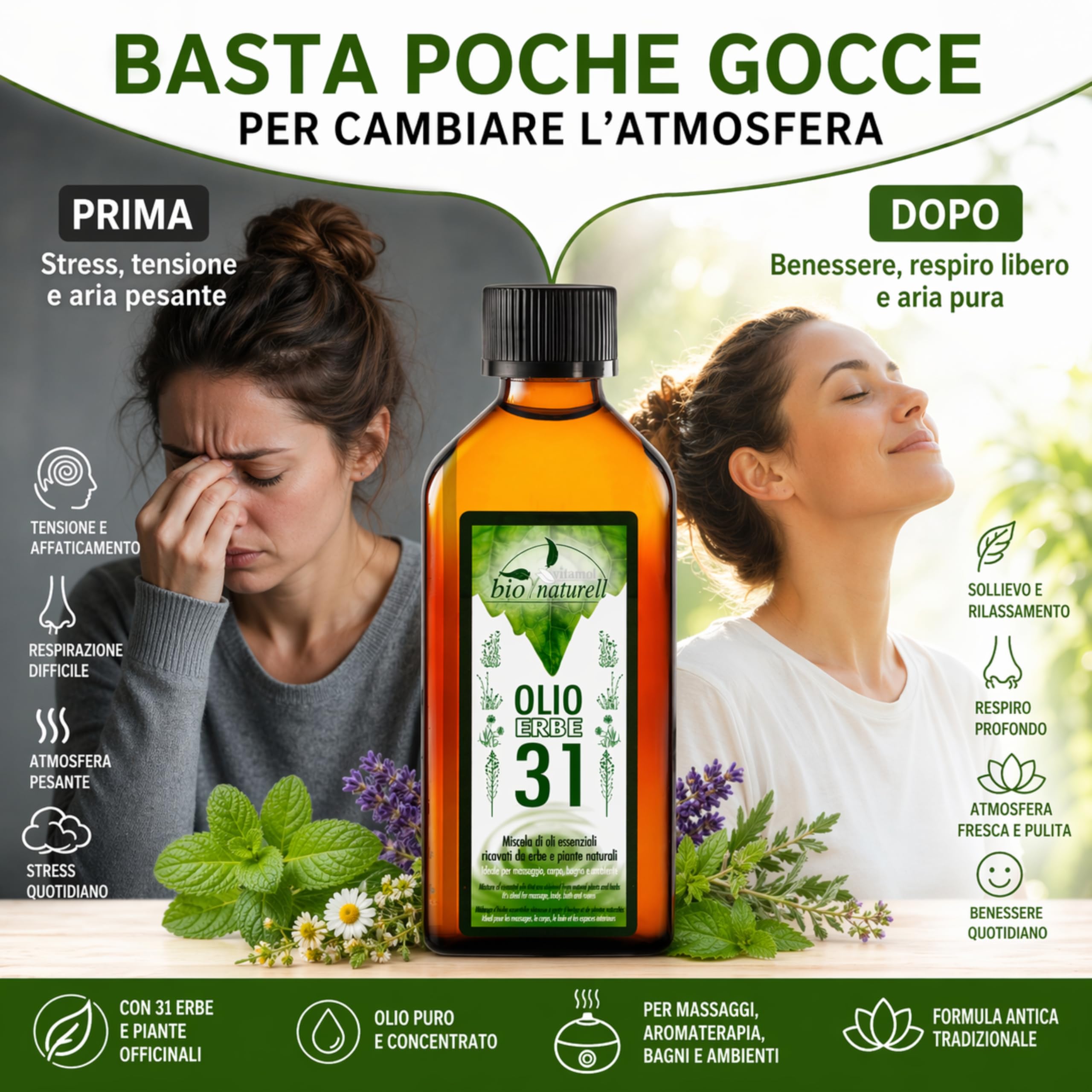 Vitamol Bio 31 Kräuteröl 100 ml – Massageöl für Muskelmassage, Aromatherapie und Diffusoren – Erfrischend, vitalisierend, mit Balsamico-Duft, nicht fettend, hergestellt in Italien (Packung mit 2)
