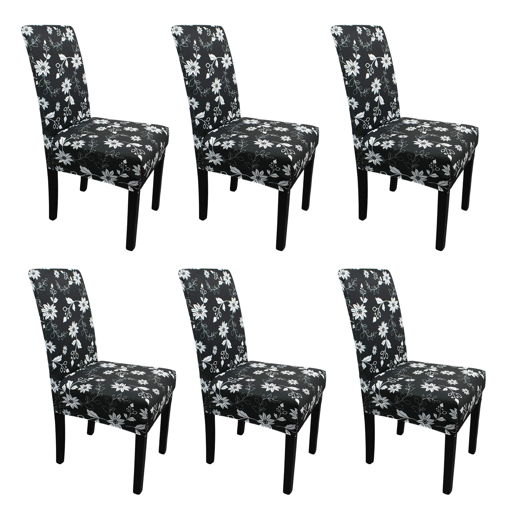 Printed High-Back Chair Covers for Dining Room Chairs – Spandex Stretch, Universal Armless Chair Protective Slipcover for Kitchen, Wedding, Party, Banquet & Hotel, Floral Sunflower - Black, Pack of 6