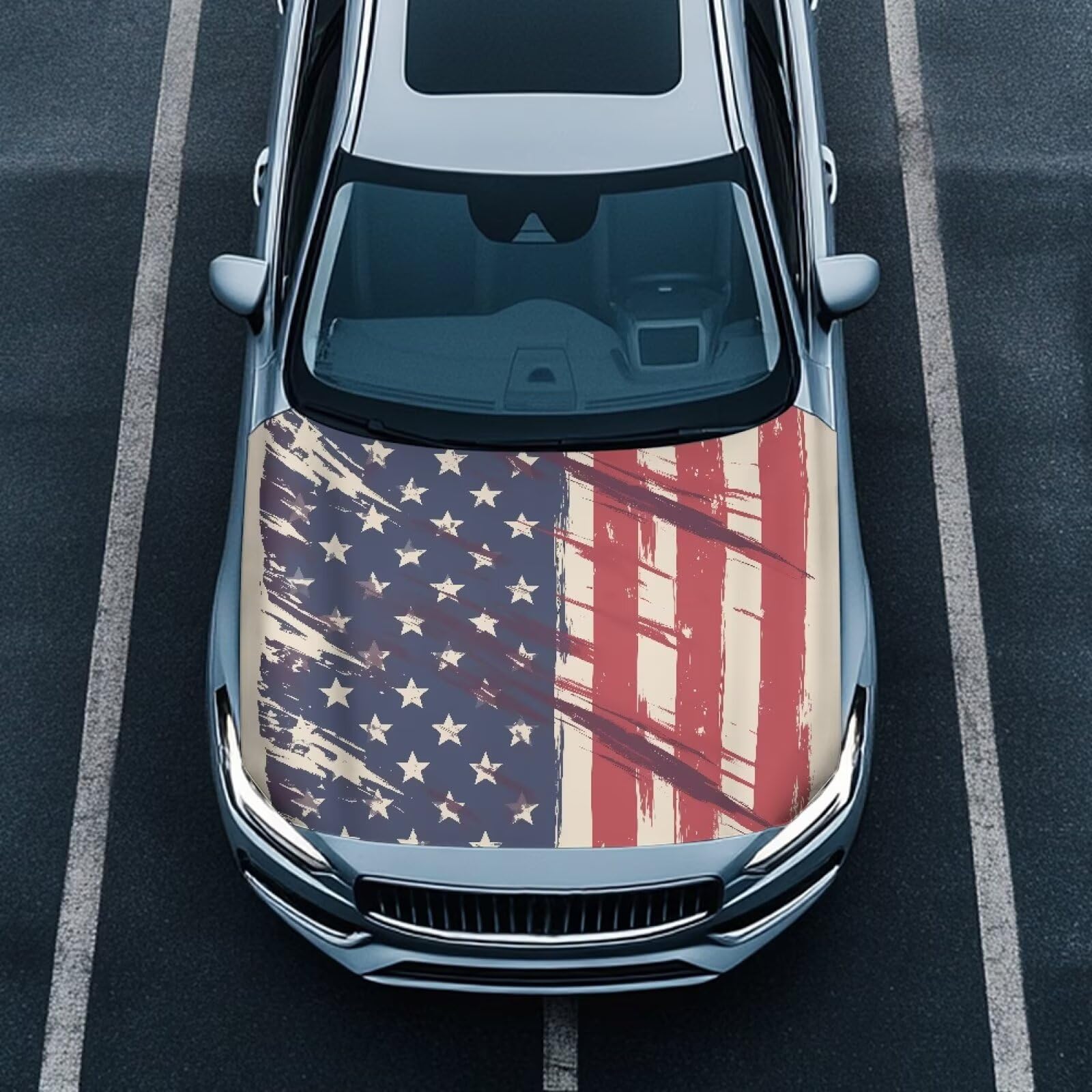 Retro American Flag Car Hood Protector, Can be Washed Splash Abstract Art US Flag Automotive Exterior Accessories for Car Hood Decoration and Protection(3X5FT)