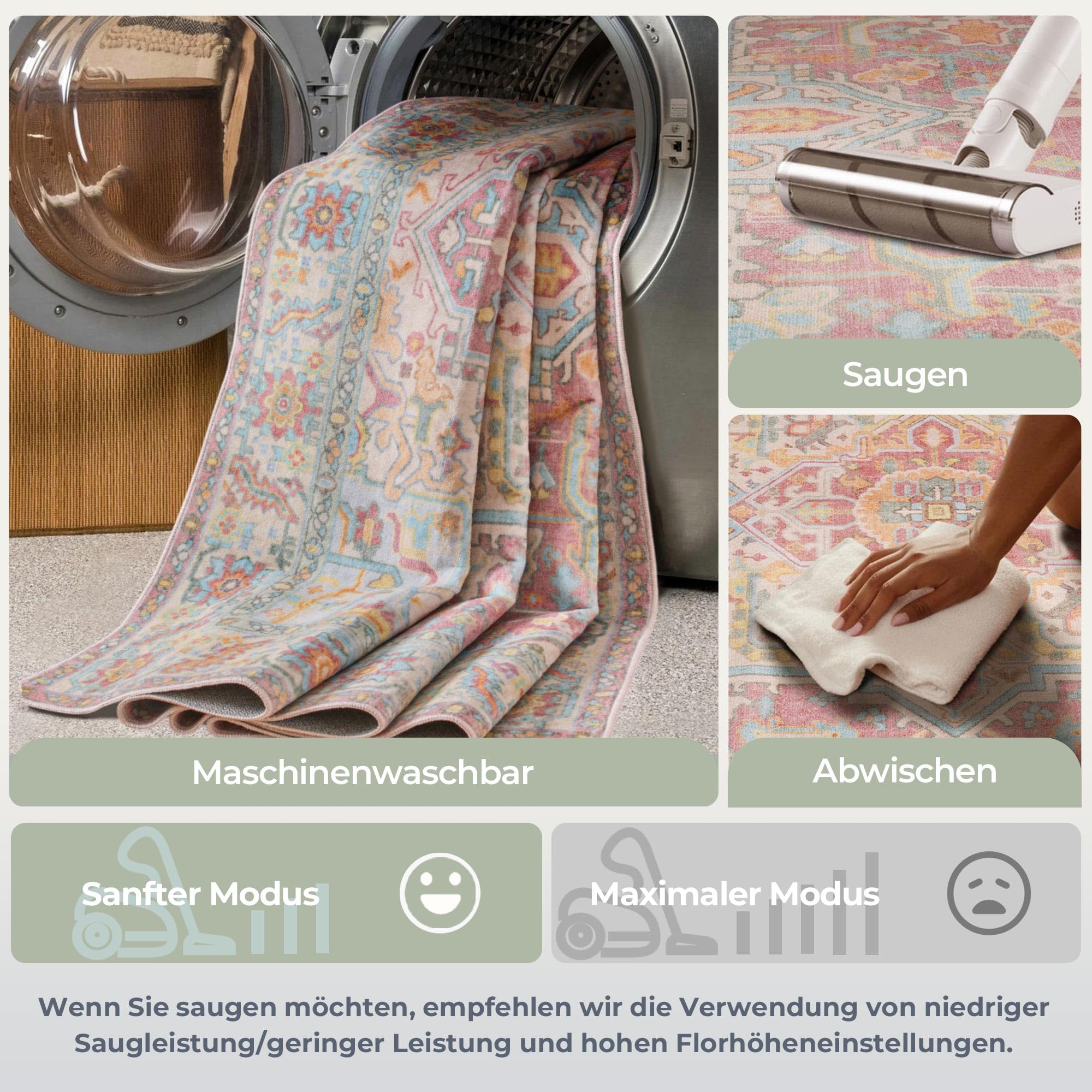 Kokia Vintage Teppich 140x200 cm Blütenrosa Waschbar fürs Schlafzimmer | Platzsparend, Rutschfest und Fleckenfest, Flacher Flor in Blütenrosa mit Medaillonmuster für Home Office